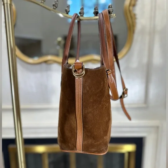 Polo Ralph Lauren Bellport Suede Leather Medium Tote Bag Brown Adjustable Strap - Picture 8 of 16